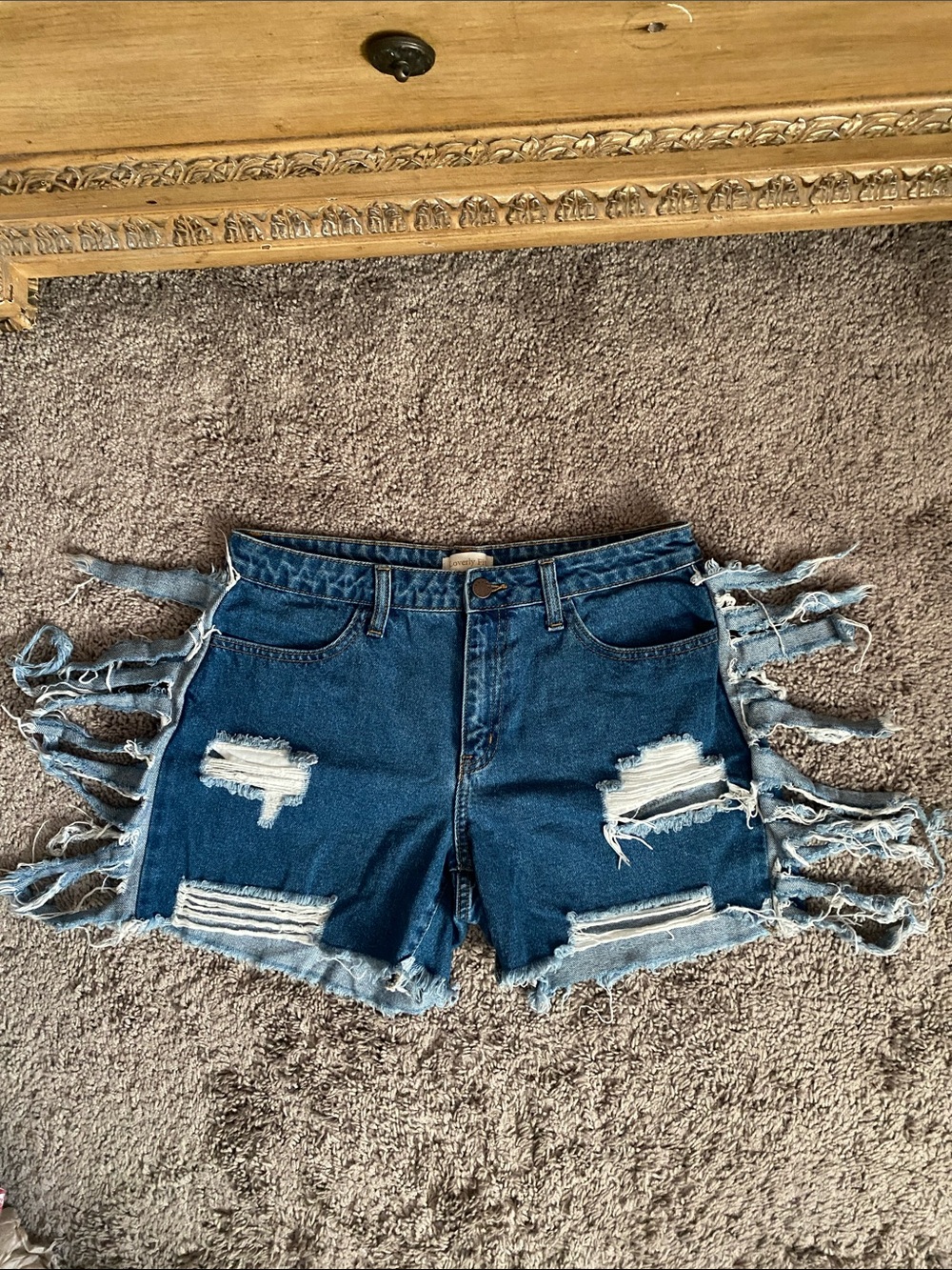 Women's Dark Blue Distressed Denim Shorts with Frayed Side Straps SZ Medium